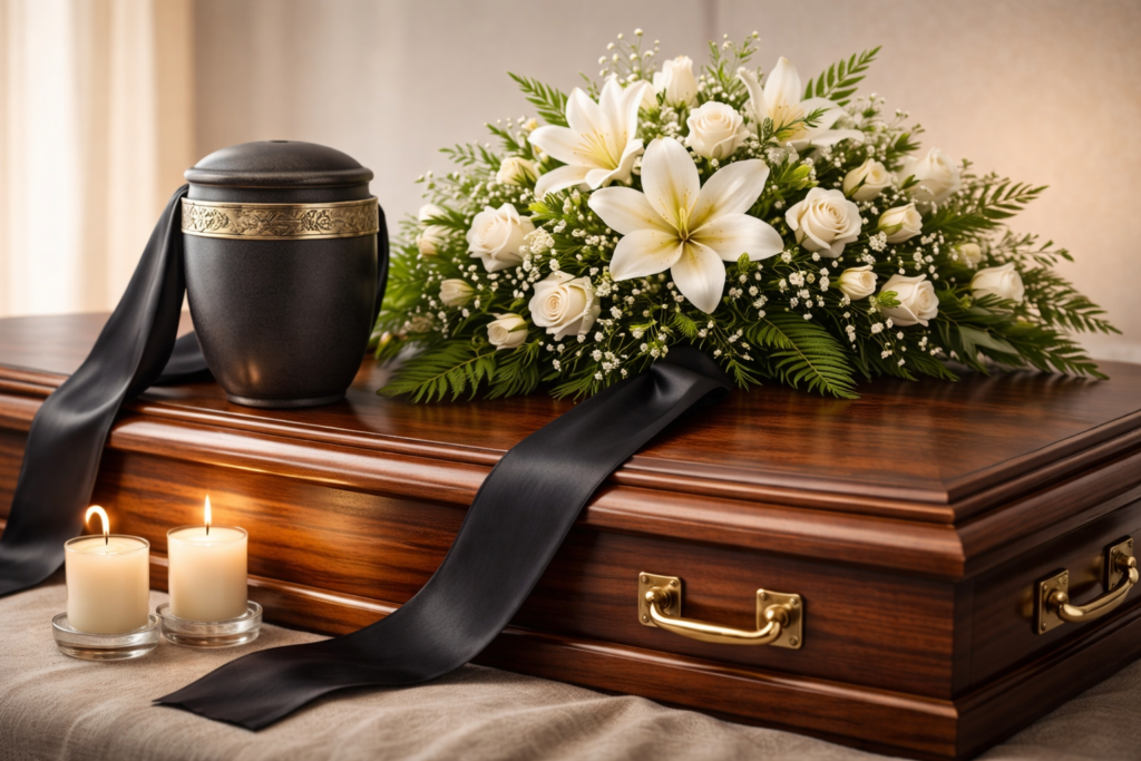 Urna de incineración con flores sobre un ataúd, representando la cobertura de seguro de decesos en Elche, con repatriación y gestión profesional por parte de Helvetia Elche y Agencia de Seguros Mendiela.