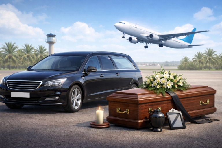 Imagen de repatriación en seguros de decesos en Elche, mostrando un coche fúnebre junto a un ataúd y un avión despegando en un aeropuerto, simbolizando el traslado internacional seguro, relacionada con Helvetia Elche y Agencia de Seguros Mendiela.