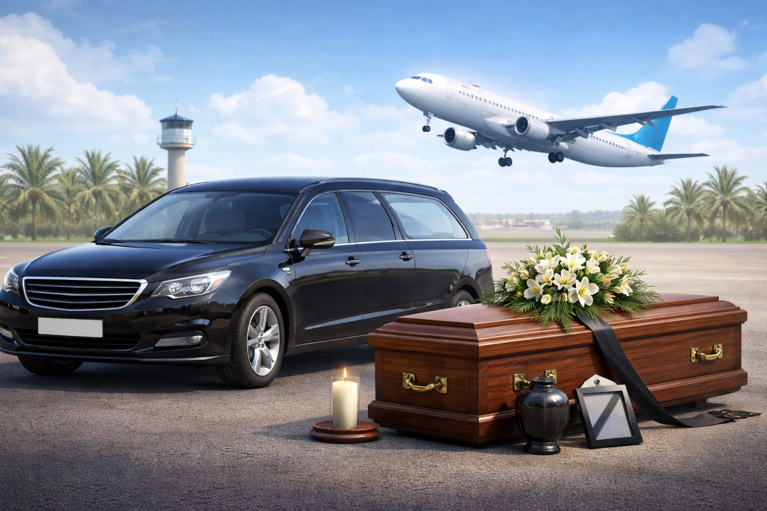 Imagen de repatriación en seguros de decesos en Elche, mostrando un coche fúnebre junto a un ataúd y un avión despegando en un aeropuerto, simbolizando el traslado internacional seguro, relacionada con Helvetia Elche y Agencia de Seguros Mendiela.