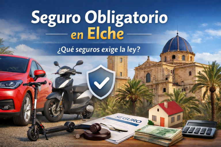 Imagen que muestra un coche, una moto y un patinete frente a la Basílica de Elche con un documento de seguro, calculadora y casa en miniatura, representando seguro obligatorio Elche.
