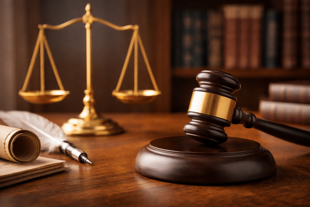 Mazo de juez y balanza de la justicia sobre mesa de madera representando la responsabilidad civil en seguros.