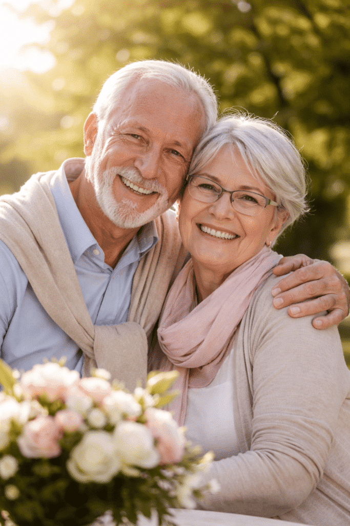 Pareja de personas mayores sonriendo en un entorno natural representando un seguro de decesos para mayores de 65 años