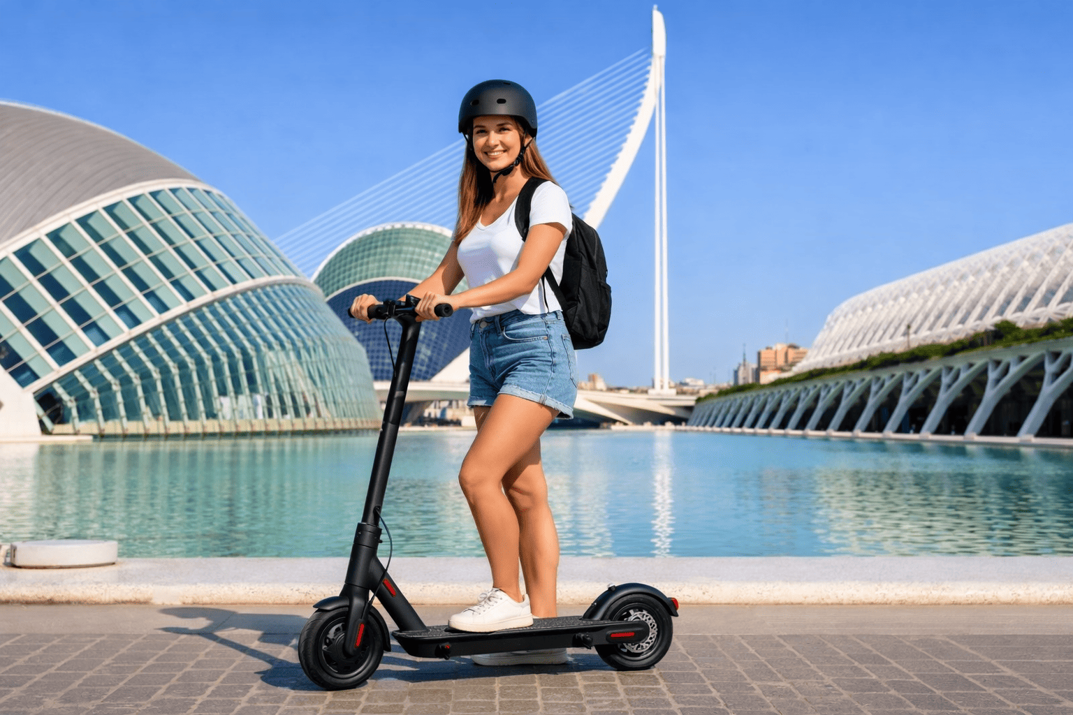 Seguro de patinete eléctrico en Valencia. Chica en patinete eléctrico en la Ciudad de las Artes y las Ciencias de Valencia para seguro de patinete electrico Valencia