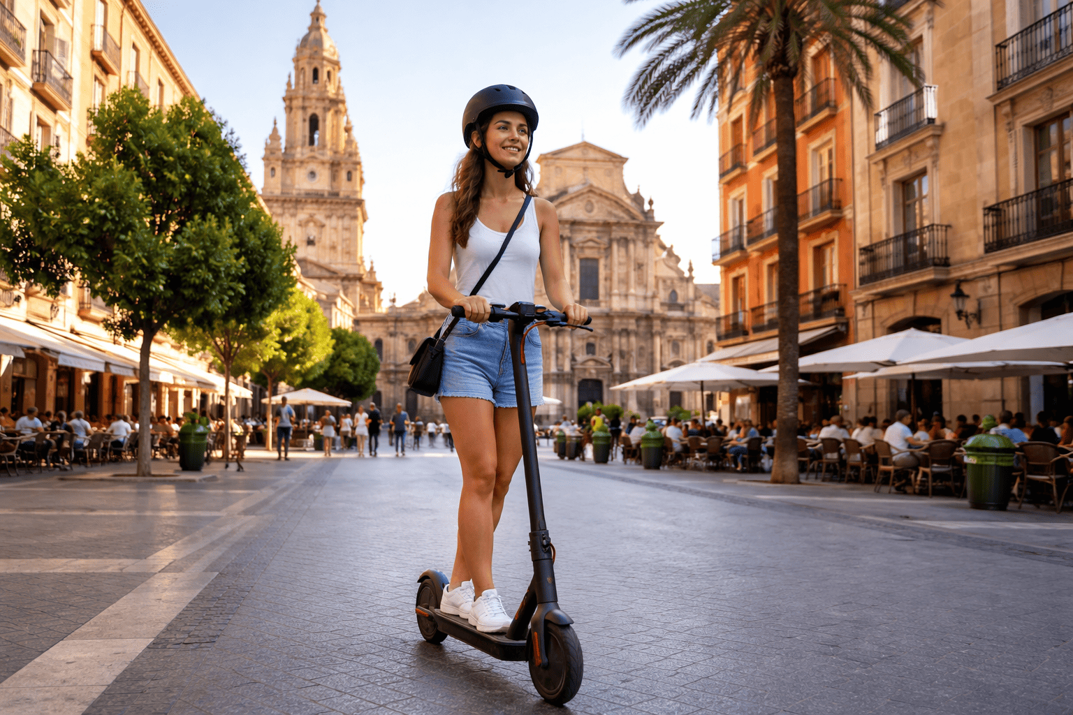 Seguro de Patinete Eléctrico en Murcia. Chica en patinete eléctrico circulando por el casco urbano de Murcia