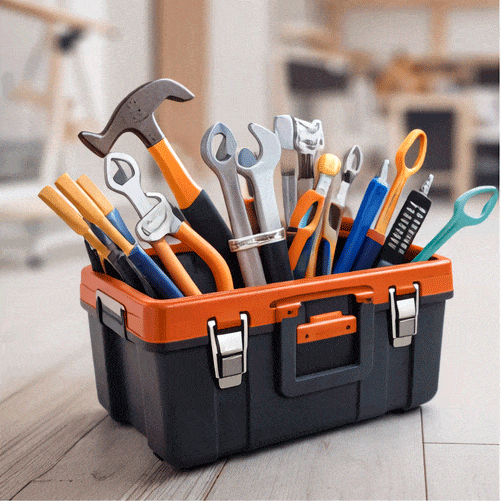 Caja de herramientas profesional con martillos, llaves y destornilladores listos para reparaciones domésticas.