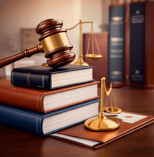 Balanza de justicia y mazo sobre libros legales en un escritorio profesional.