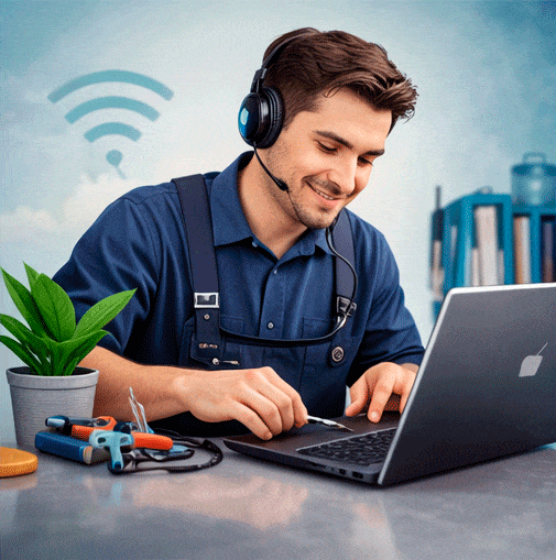 Técnico de soporte trabajando en ordenador portátil con auriculares y cables alrededor.
