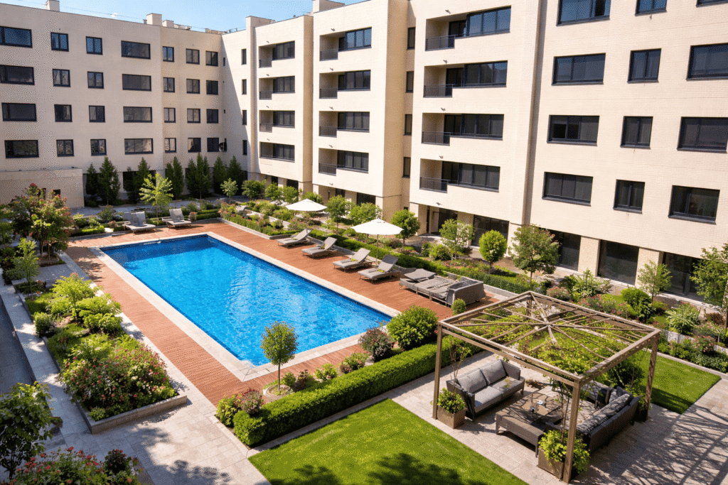 Seguro de comunidad: zonas comunes con piscina y jardines