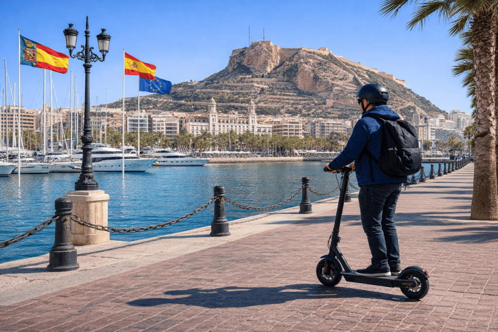 Seguro de patinete eléctrico en Alicante junto al puerto y el Castillo de Santa Bárbara