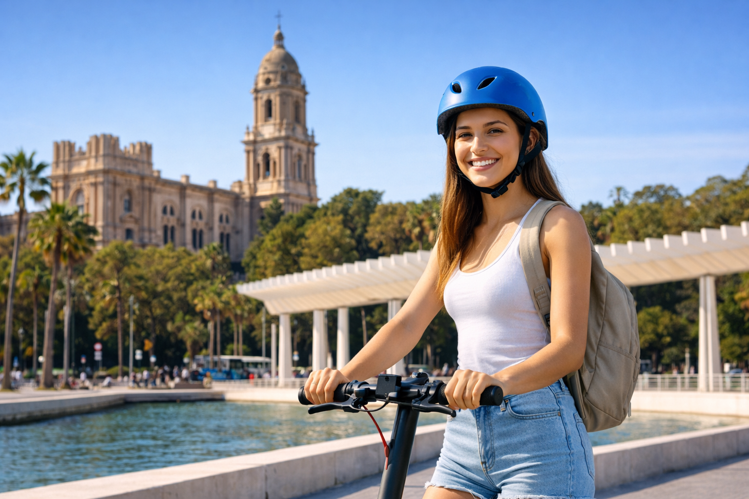 Seguro de patinete eléctrico en Málaga con mujer joven circulando en patinete y casco azul junto a la Catedral de Málaga