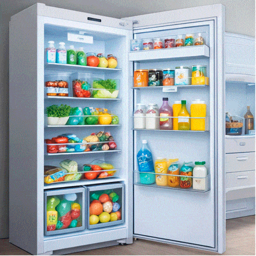 Nevera abierta con alimentos frescos y organizados, verduras, frutas, lácteos y bebidas.