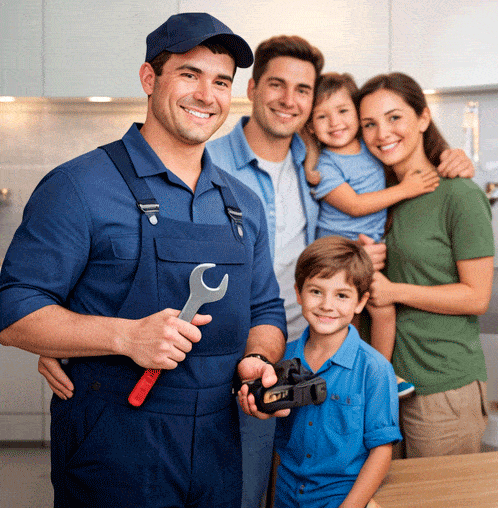 Persona ayudando a una familia en tareas domésticas en la cocina.