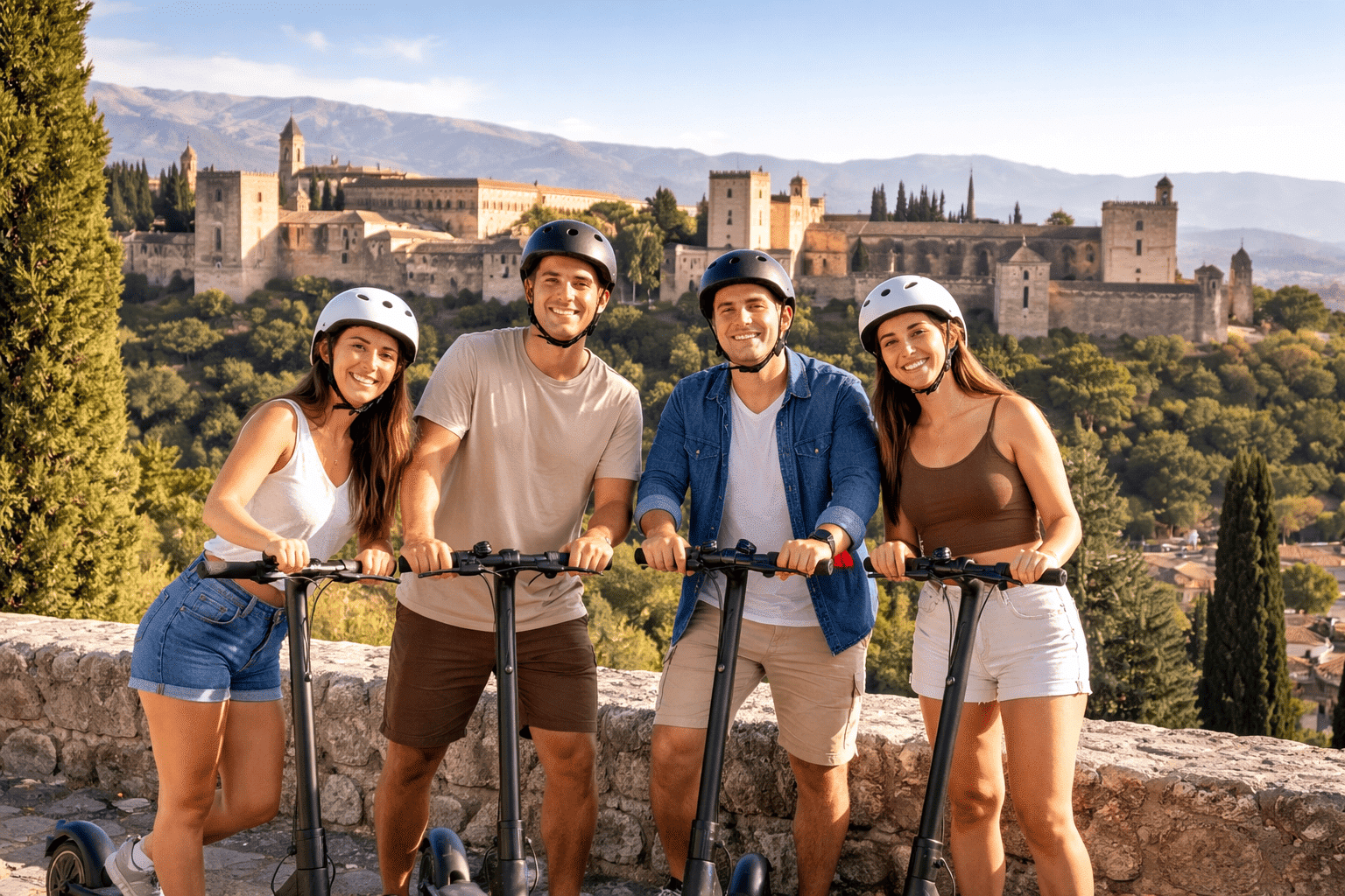 Jóvenes con seguro de patinete electrico en Granada, en el Mirador de San Nicolás con la Alhambra de Granada de fondo