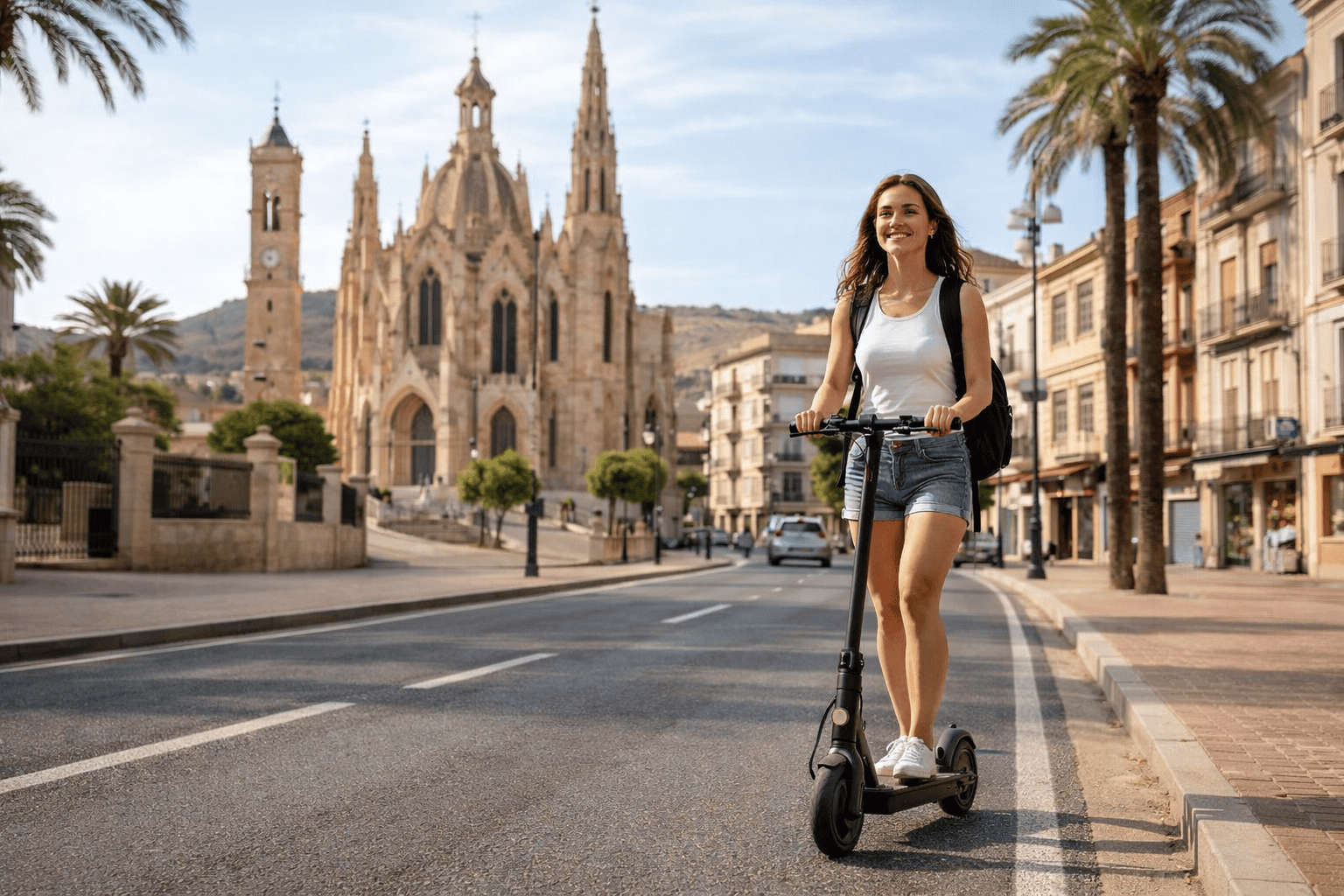Seguro para patinete eléctrico en Novelda - Chica circulando en patinete eléctrico en Novelda frente al Santuario de Santa María Magdalena. Seguro de patinete eléctrico en Novelda para residentes y visitantes.