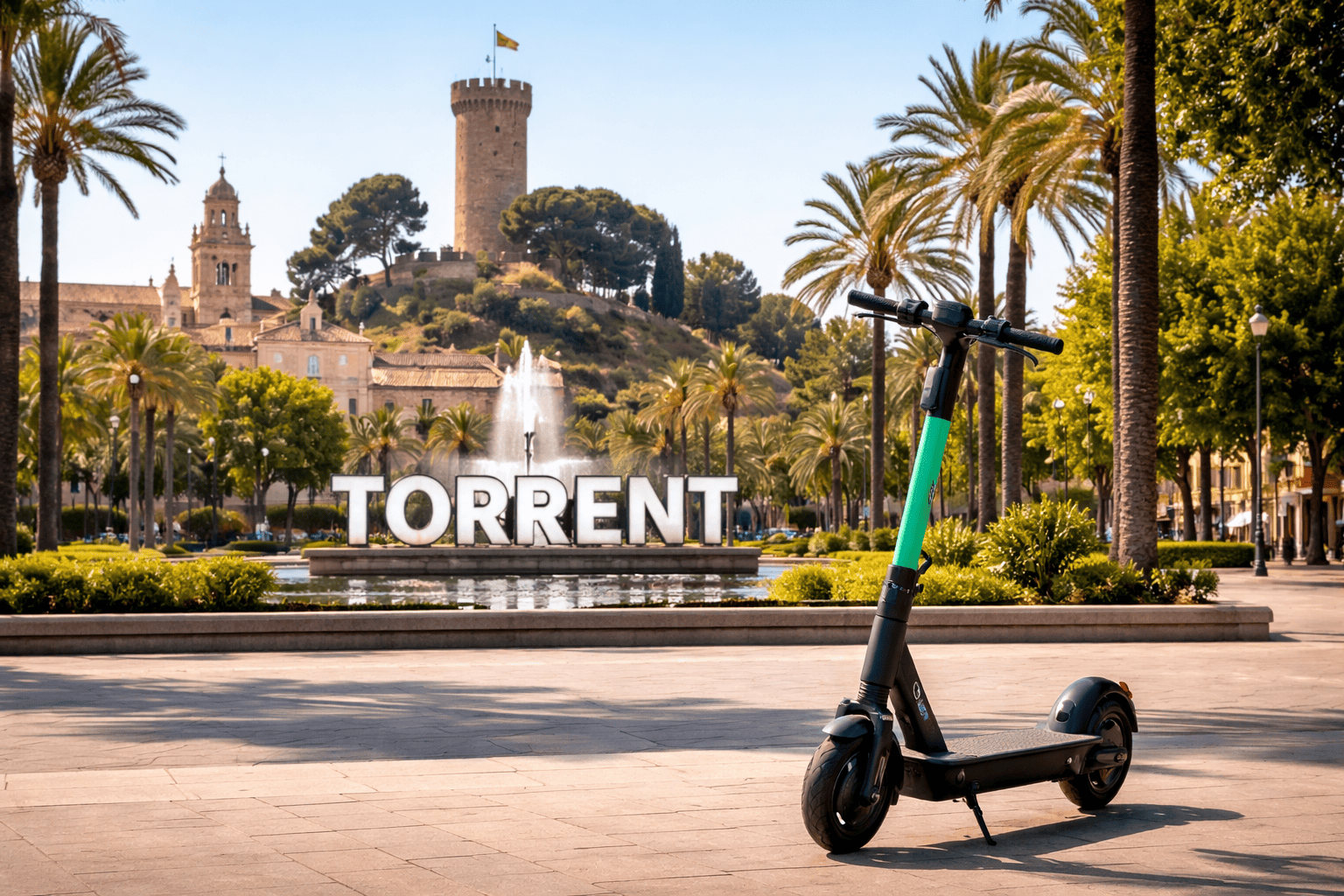 Seguro Para Patinete Eléctrico En Torrent - Patinete eléctrico en Torrent con la Torre y zona céntrica reconocible al fondo
