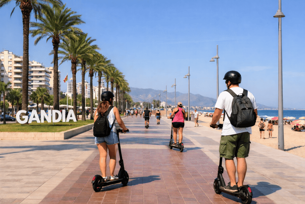 Seguro para patinete eléctrico Gandía - Personas circulando en patinetes eléctricos por el paseo marítimo de Gandía en un entorno real y soleado.