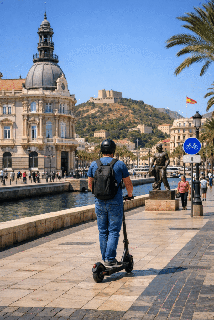 Seguro para patinete eléctrico en Cartagena en uso real por el Paseo del Puerto con el Palacio Consistorial y el Castillo de la Concepción al fondo