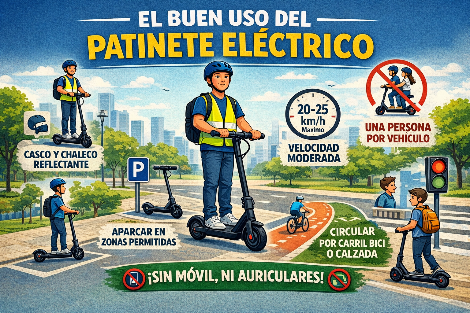 El buen uso del patinete eléctrico: normas de seguridad, casco, velocidad máxima 25 km/h y circulación por carril bici