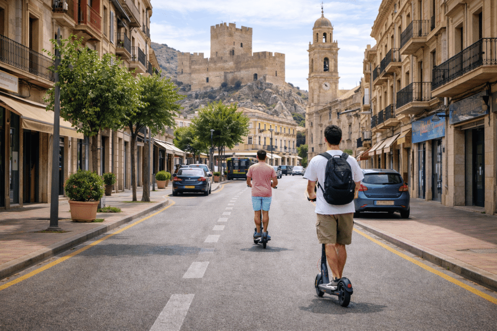 Usuarios circulando en patinete eléctrico por una avenida de Villena con el castillo de fondo representando el seguro para patinete eléctrico en Villena