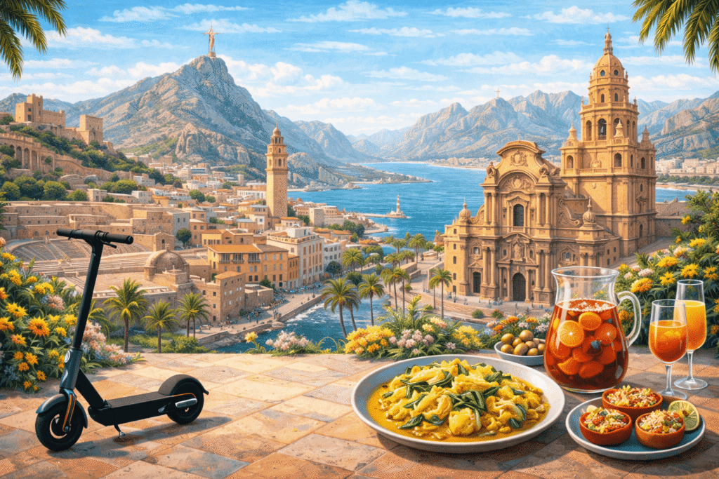 Patinete eléctrico frente a paisajes y monumentos representativos de Murcia mostrando el seguro de patinete eléctrico en Murcia