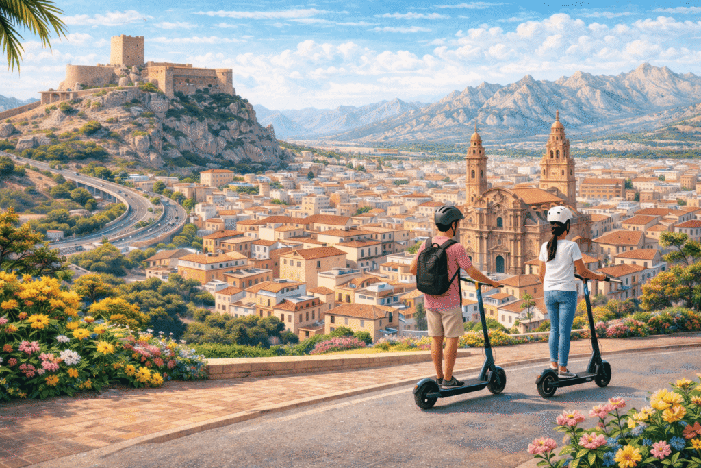 Dos usuarios con casco circulando en patinete eléctrico por una avenida de Lorca representando el seguro para patinete eléctrico en Lorca