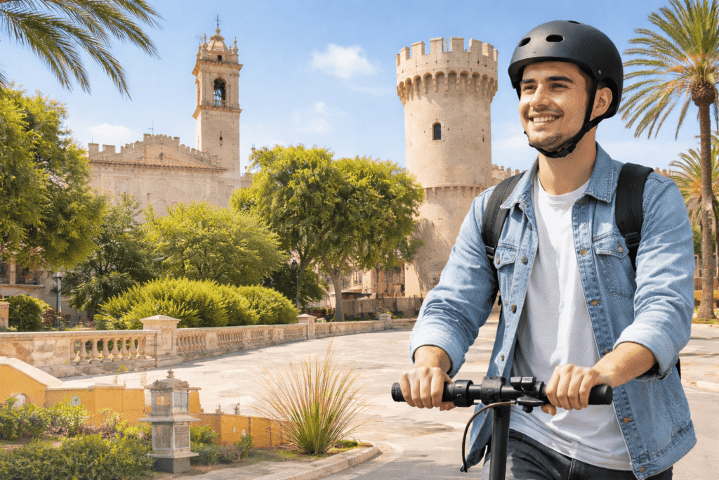 Seguro para patinete eléctrico en Paterna – Usuario circulando junto a la Torre de Paterna