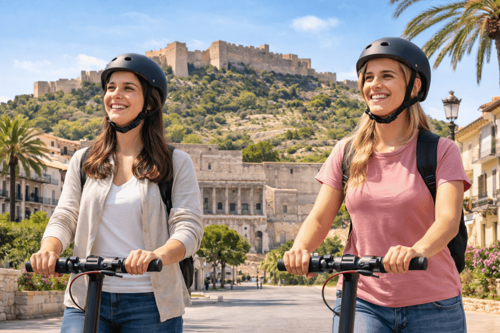 Seguro para patinete eléctrico en Sagunto – Mujeres circulando con casco frente al Castillo de Sagunto