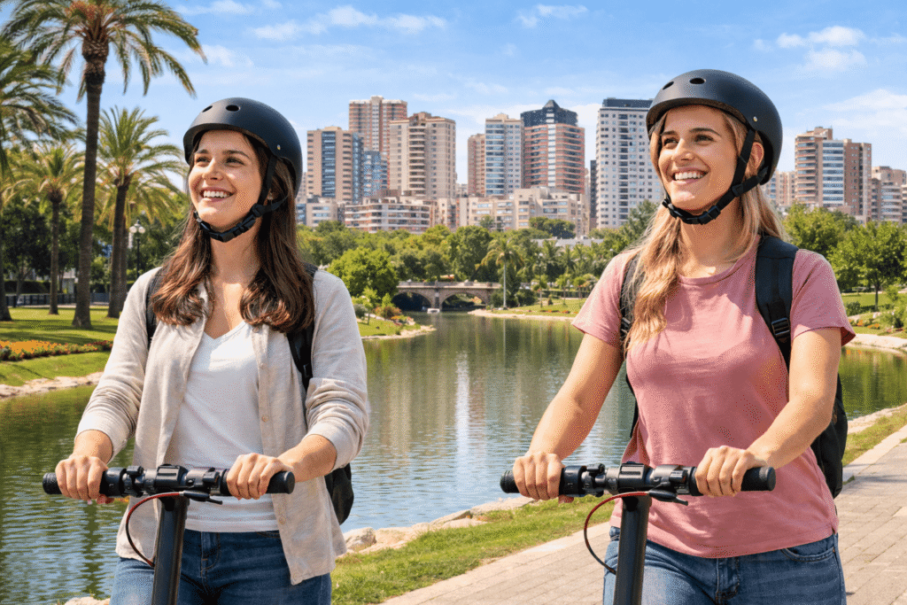 Seguro para patinete eléctrico en Mislata – Mujeres circulando junto al Parque de Cabecera