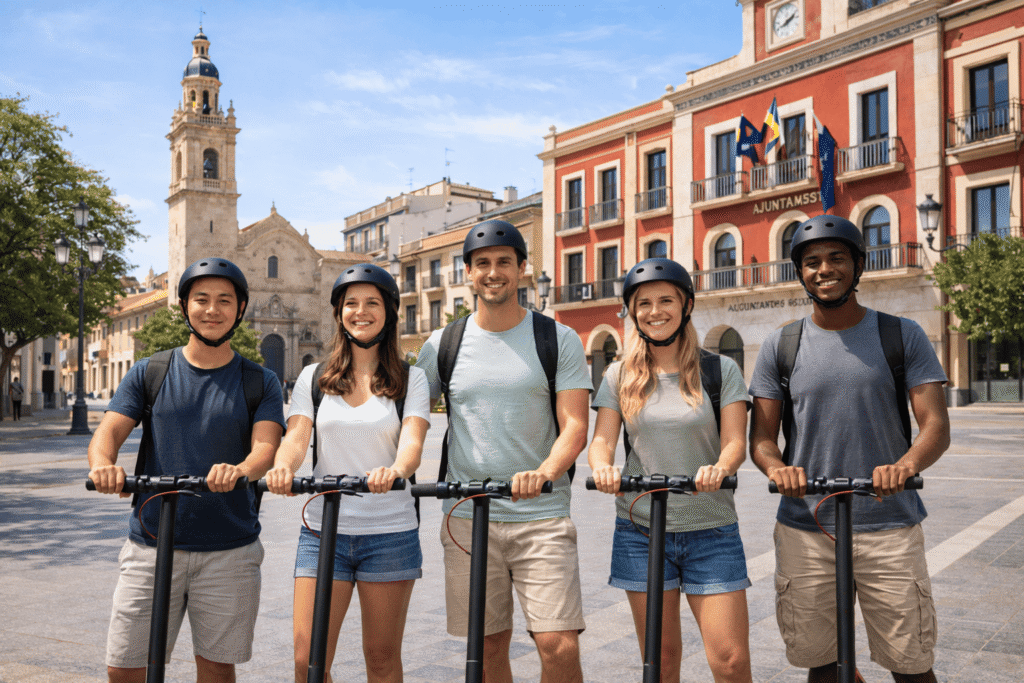 Seguro para patinete eléctrico en Burjassot – Grupo de jóvenes con patinetes en la Plaza del Ayuntamiento