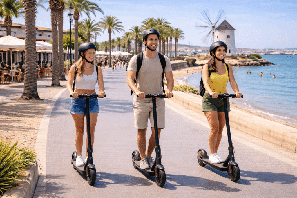 Seguro para patinete eléctrico en San Pedro del Pinatar – Usuarios circulando por Lo Pagán junto al Mar Menor