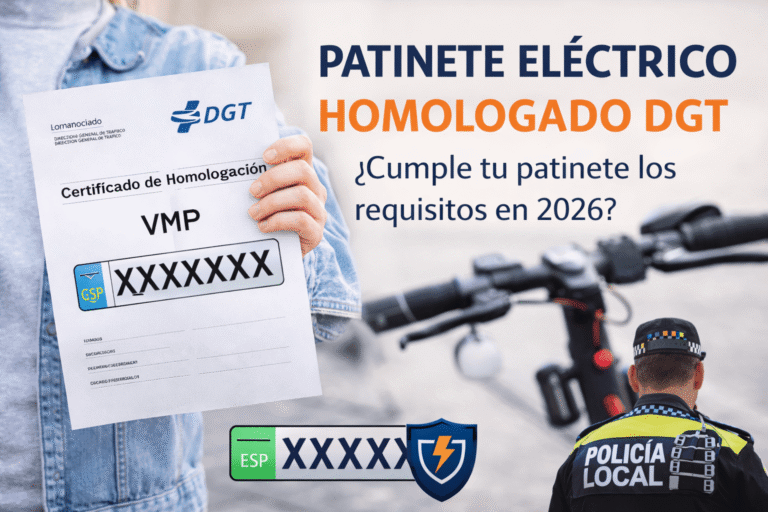 Patinete eléctrico homologado DGT con certificado VMP visible y matrícula obligatoria