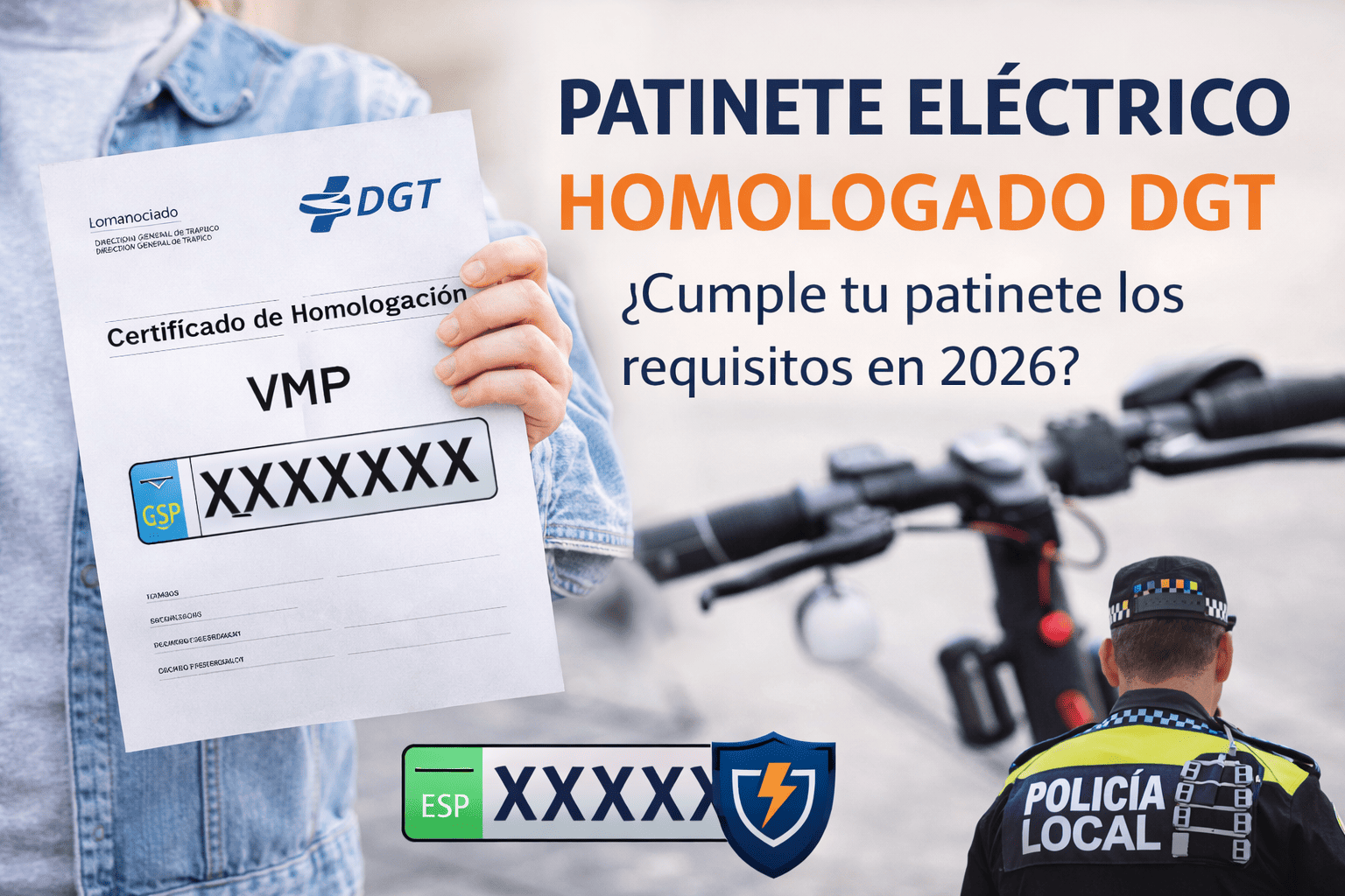 Patinete eléctrico homologado DGT con certificado VMP visible y matrícula obligatoria