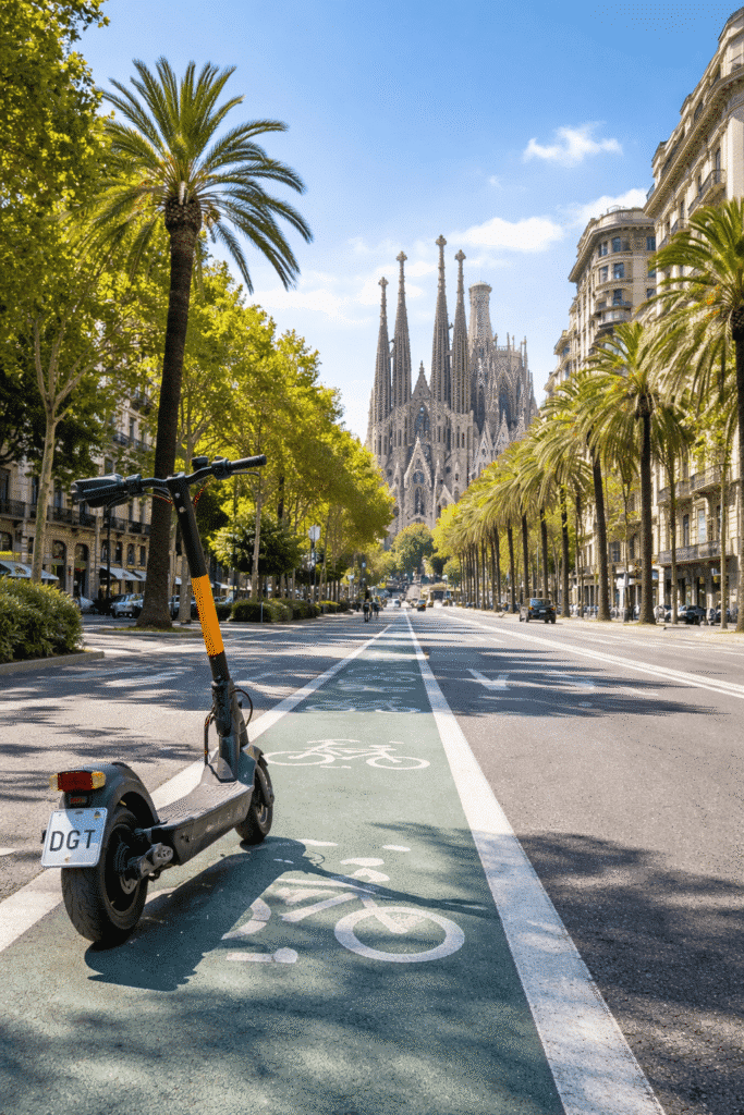 Seguro de patinete eléctrico en Barcelona obligatorio en 2026 con matrícula DGT en carril bici frente a la Sagrada Familia