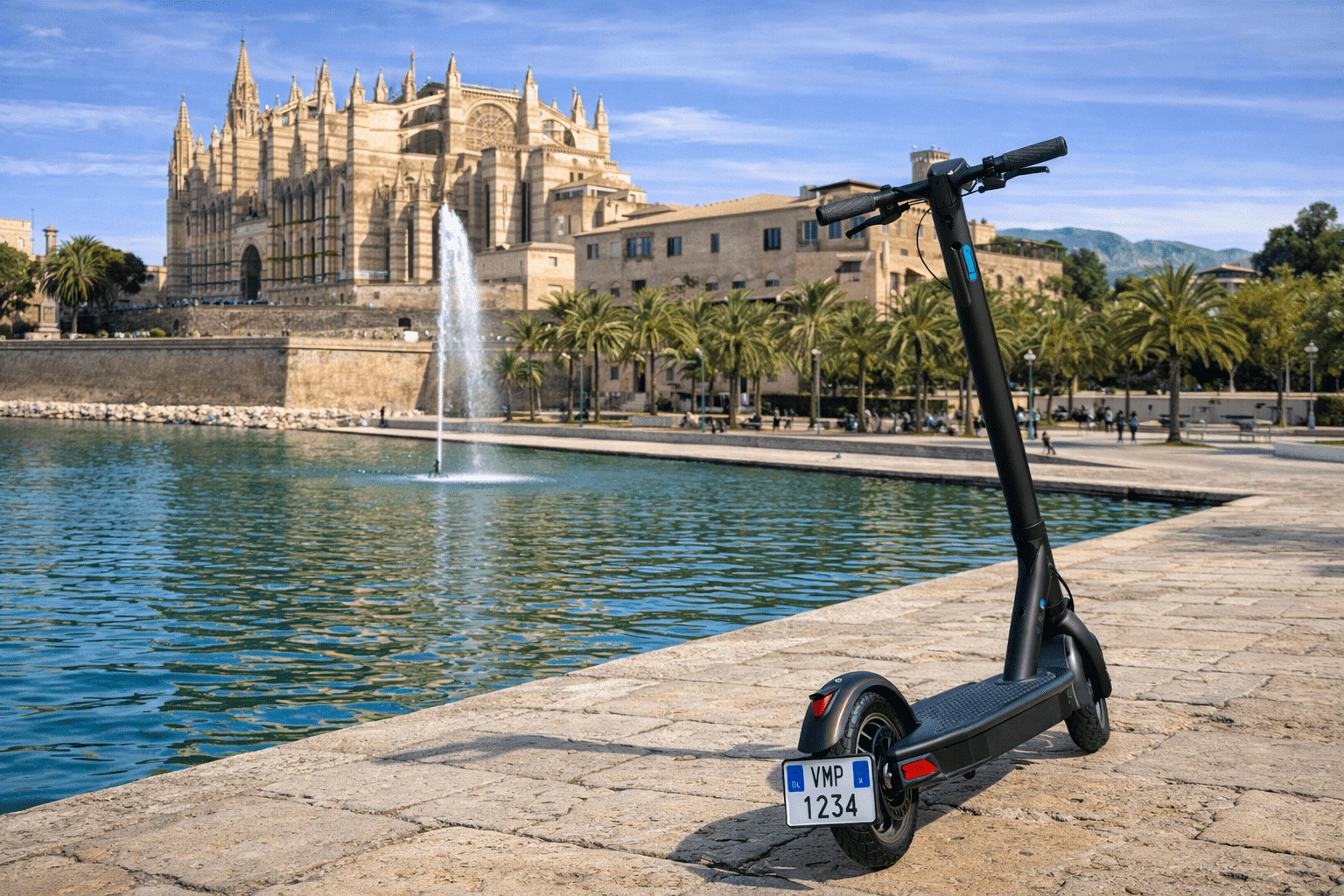 Seguro de Patinete Eléctrico en Palma - Patinete eléctrico en el Parc de la Mar con la Catedral de Palma al fondo 