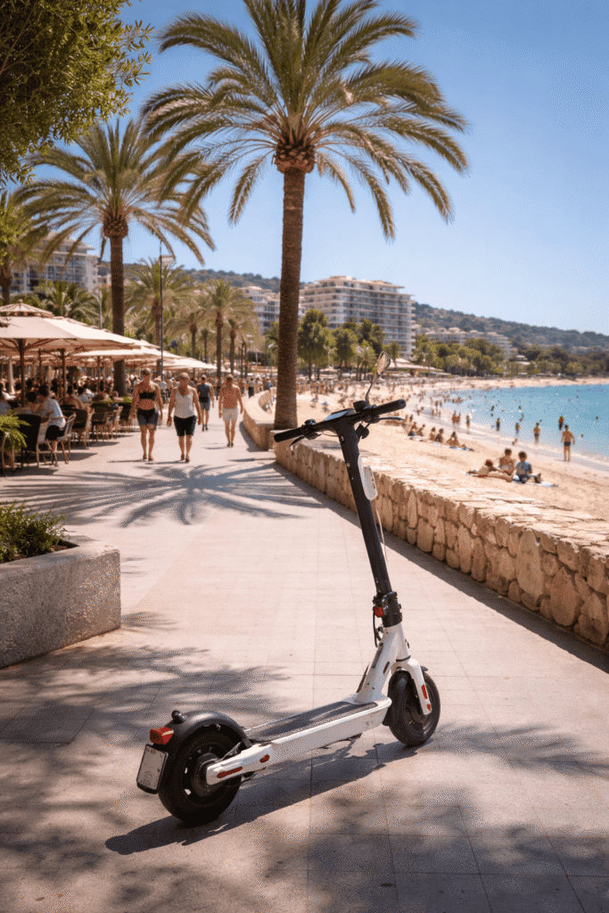 Seguro de patinete eléctrico en Calvià con patinete en paseo marítimo y playa de Mallorca