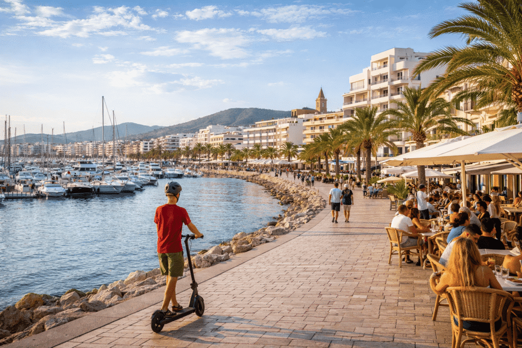 Seguro de patinete eléctrico en Sant Antoni de Portmany con usuario circulando por el paseo marítimo de Ibiza