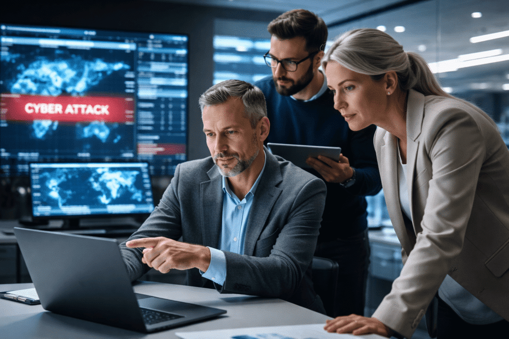 equipo empresarial gestionando incidente de ciberataque en empresa