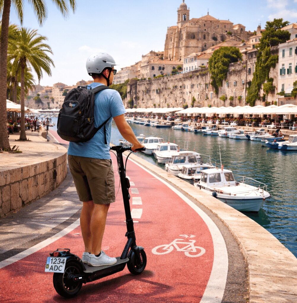 Seguro de patinete eléctrico en Ciutadella circulando por carril bici junto al puerto