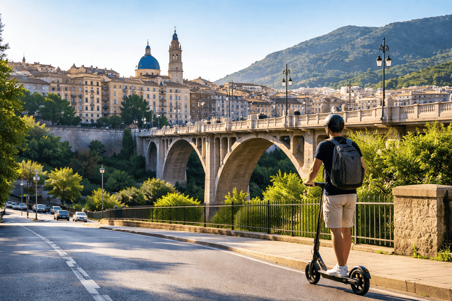 Seguro para patinete eléctrico en Alcoy. Joven circulando en patinete eléctrico por la carretera de Alcoy, con el Puente de Sant Jordi y edificios emblemáticos de la ciudad al fondo
