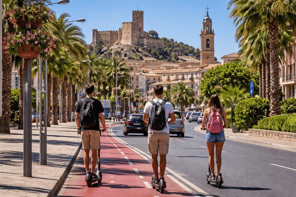 Seguro de patinete eléctrico en Petrer con usuarios circulando por la calzada junto al castillo