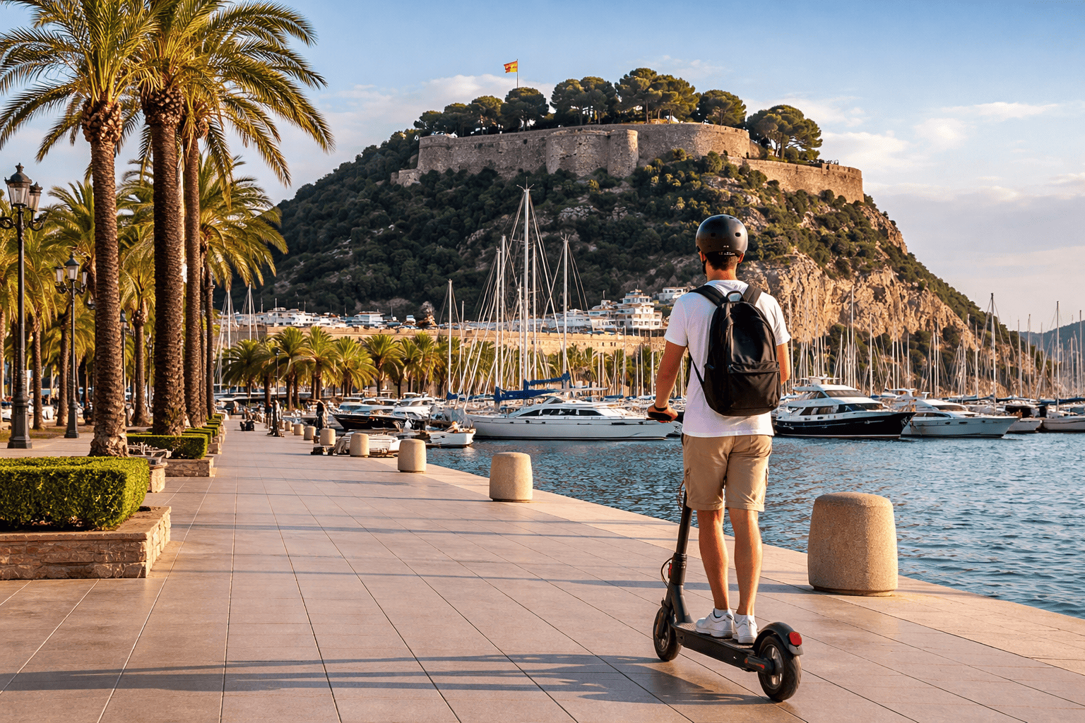 Seguro de patinete eléctrico en Dénia: persona circulando en patinete por el paseo marítimo con el Castillo de Dénia al fondo, movilidad urbana y protección legal.