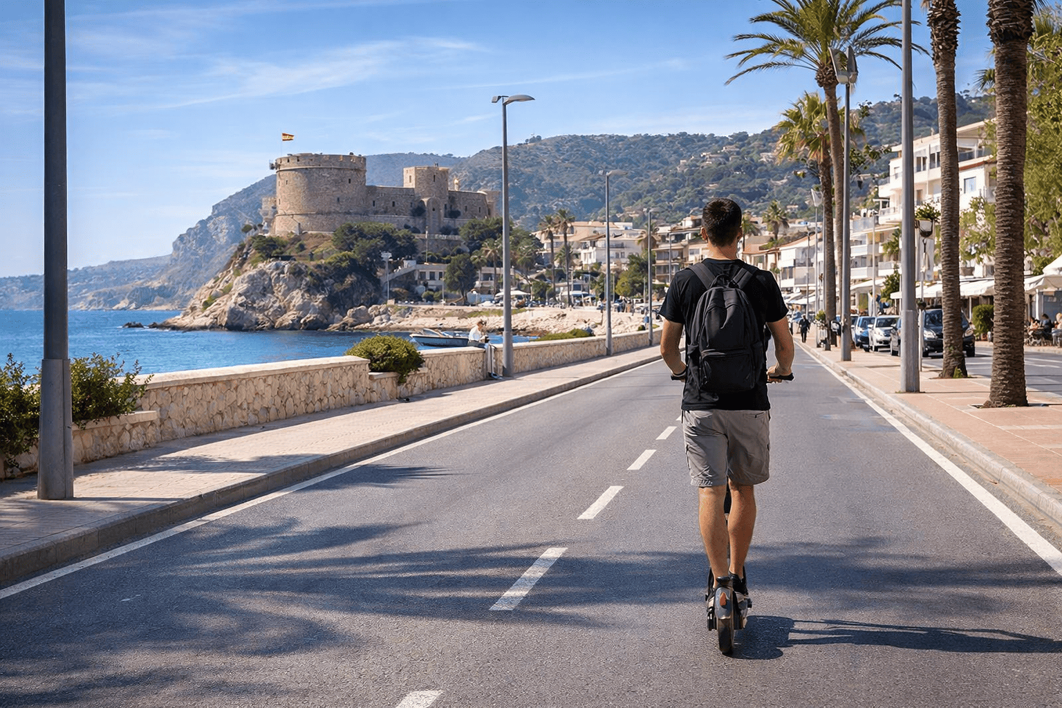 Seguro para patinete eléctrico en Jávea con usuario circulando por la calzada