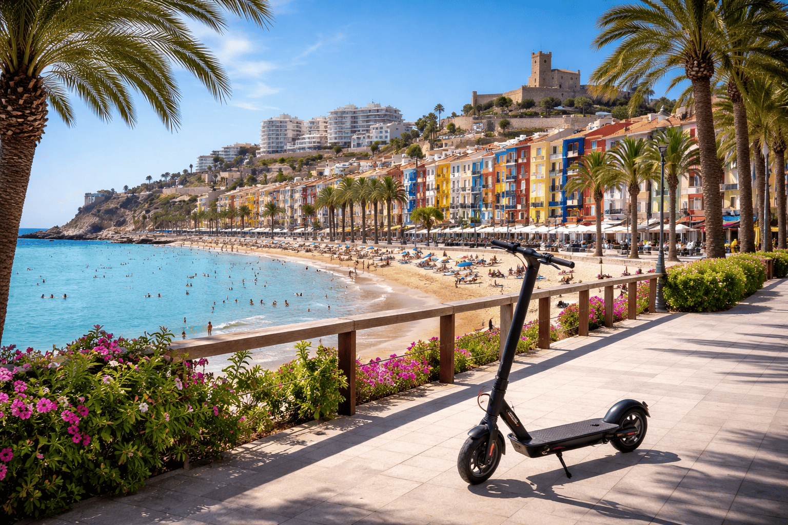 seguro para patinete eléctrico Villajoyosa Persona en patinete eléctrico recorriendo el paseo marítimo de Villajoyosa con las casas de colores y la playa de fondo.