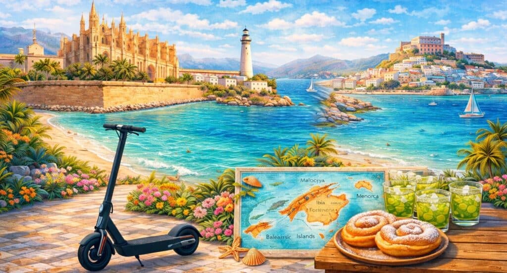 Patinete eléctrico frente a la Catedral de Palma con ensaimadas y hierbas mallorquinas – Seguro de patinete eléctrico en Islas Baleares 2026