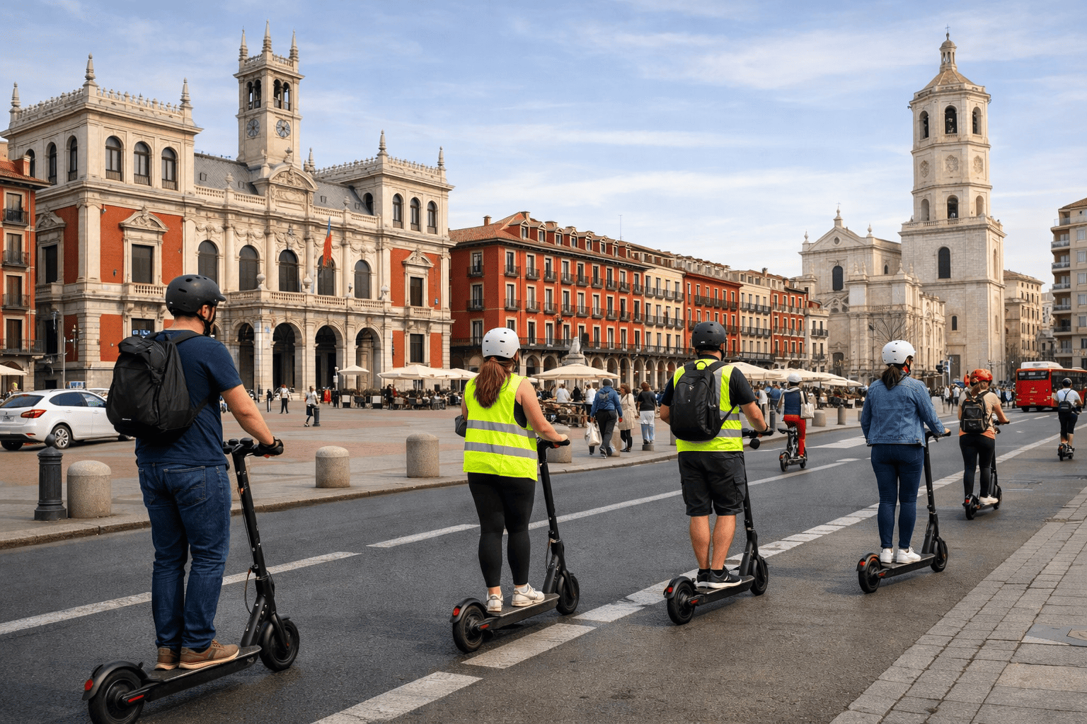 Personas circulando con su Seguro de Patinete Eléctrico en Valladolid en la Plaza Mayor.