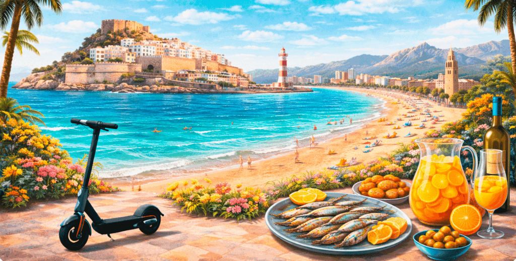 seguro de patinete eléctrico en la provincia de Valencia - Ilustración realista de un paseo en Valencia con el Oceanogràfic y la playa de fondo, con un patinete eléctrico circulando.