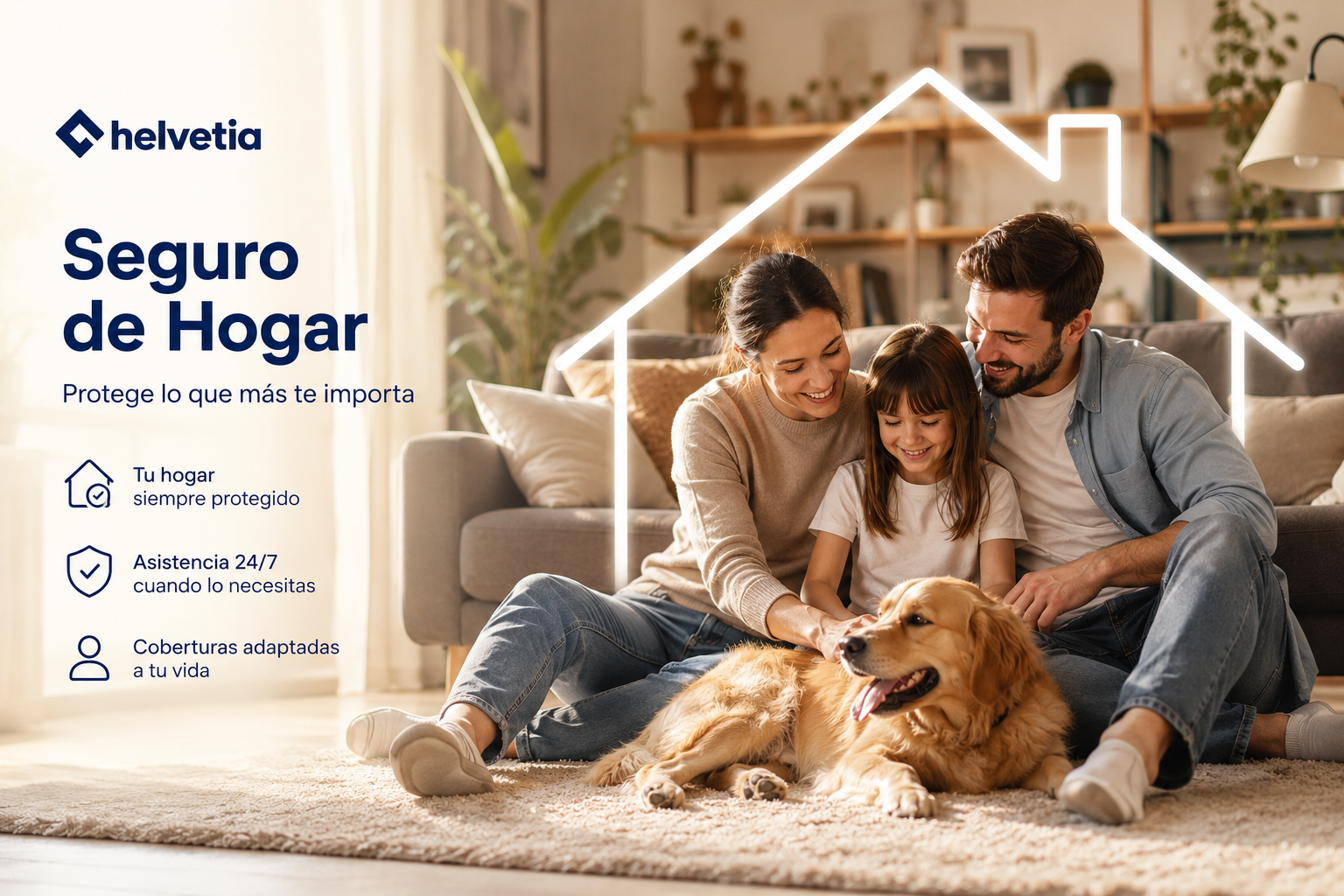 Familia protegida en su vivienda con un seguro de hogar Helvetia. Seguro de hogar para viviendas habituales, segundas residencias y propietarios en toda España.